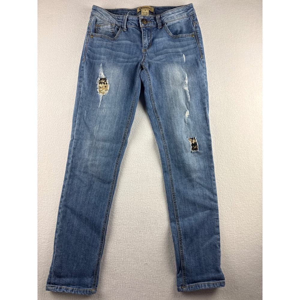 Democracy Womens Size 2 Distressed Embellished Skinny Jeans Blue Flex Excellent